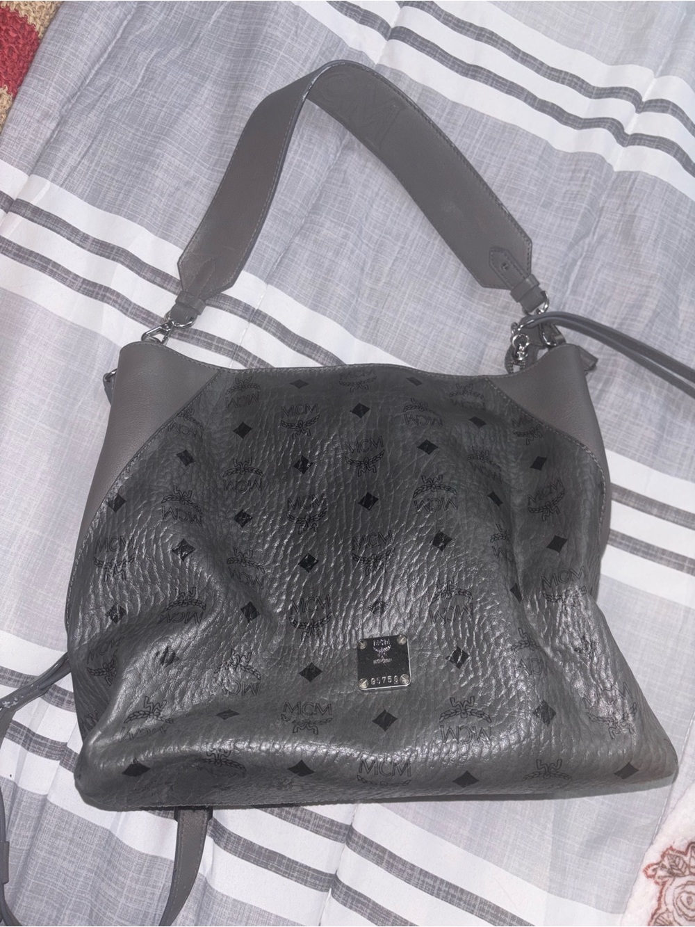 MCM Gray and Black Leather Shoulder Bag